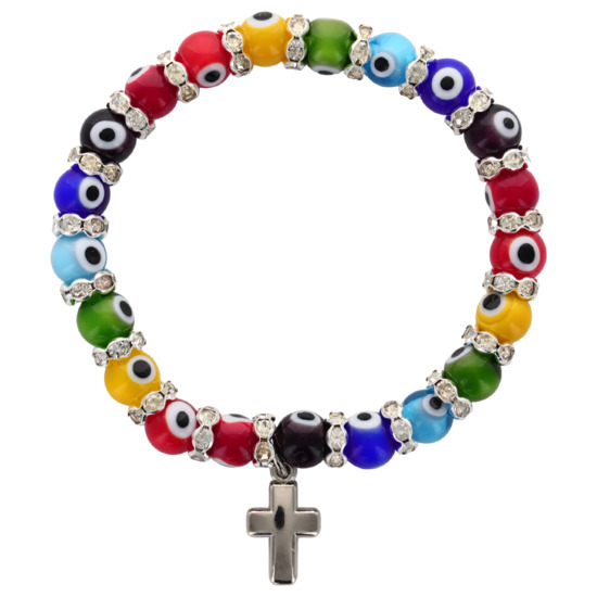 Bracelet sur élastique grains en verre Ø 8 mm de différentes couleurs avec strass et croix en métal.