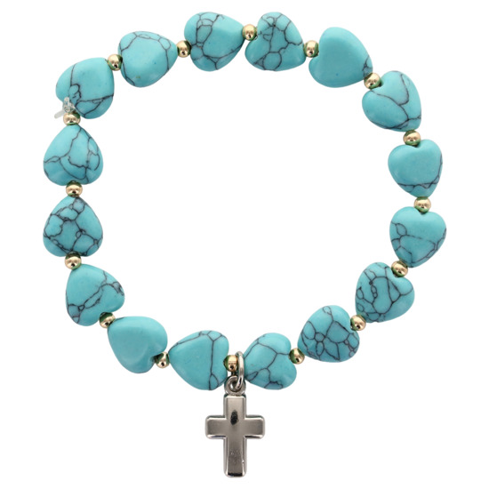 Bracelet élastique avec grains en pierre naturelle ou synthétique en forme de cœur, diamètre 9 mm, avec une croix en métal. Plusieurs modèles disponibles