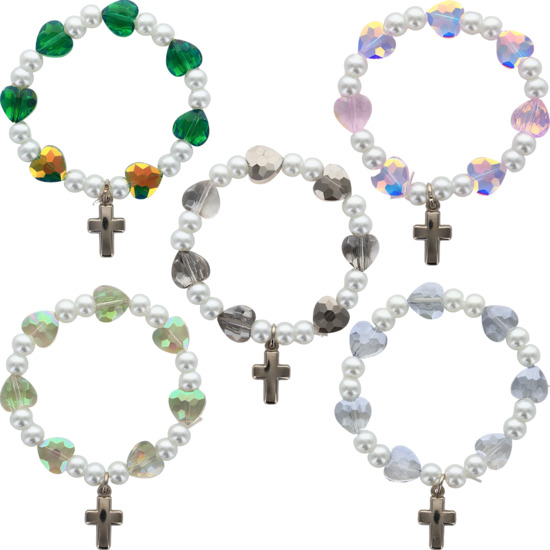 Bracelet sur élastique pour enfant avec grains en verre en forme de cœur et perles nacrées Ø 9 mm. LOT DE 5 ASSORTIS. 