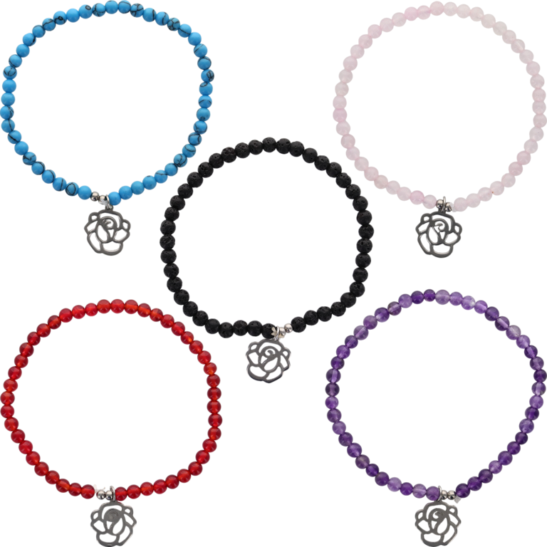 Bracelet sur élastique avec grains en pierre naturelle et synthétique Ø 4 mm et pendentif en forme de rose en acier inoxydable. LOT DE 5 ASSORTIS.