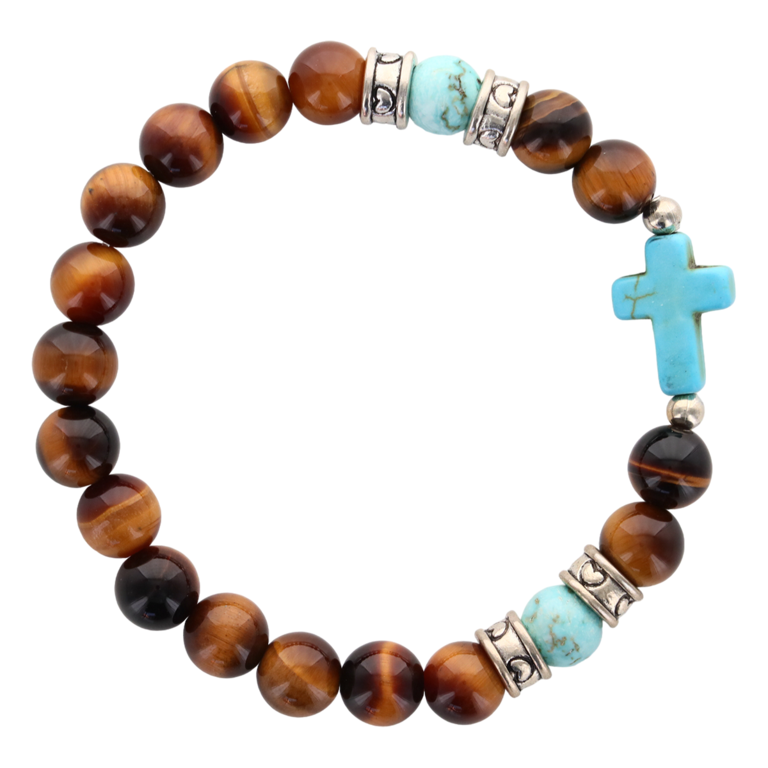 Bracelet sur élastique avec grains en œil de tigre naturel de 8 mm de diamètre, avec croix et perles en turquoise synthétique.