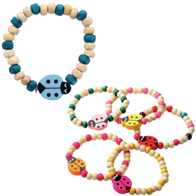 Bracelet dizainier pour enfant, grains en bois et coccinelles de différentes couleurs Ø  5 mm. LOT DE 10 ASSORTIS.