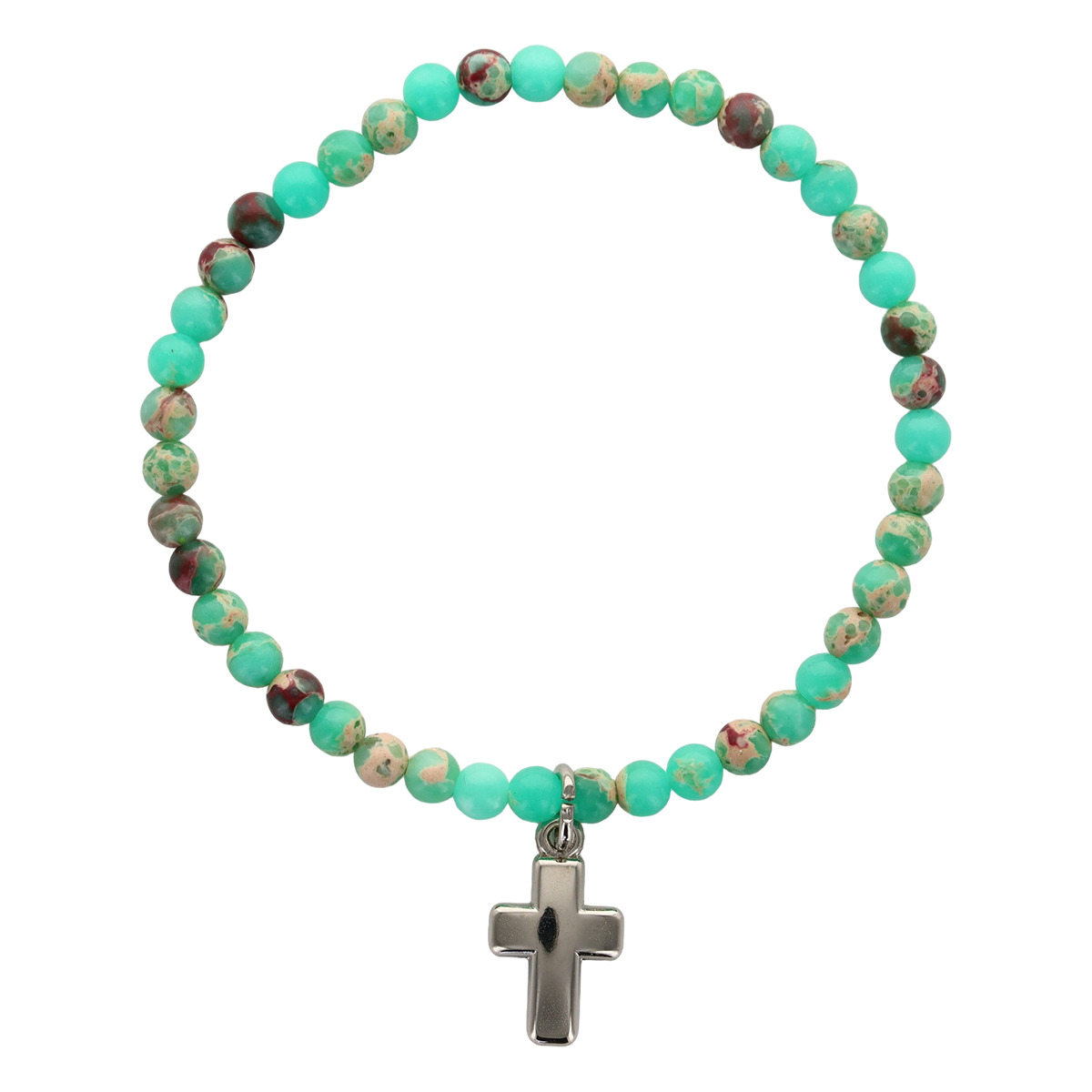 Bracelet sur élastique en pierre naturelle ou synthétique Ø 4 mm avec croix. Plusieurs modèles.