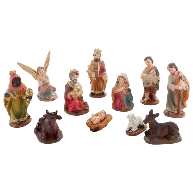 Crèche en résine de 11 personnages, H. 5 cm. Livrée en boite présentoir.