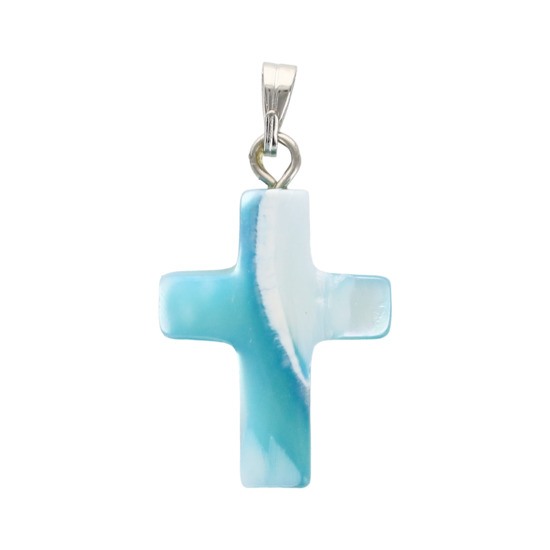 Croix de cou nacrée turquoise H. de 1,5 à 2,1 cm.