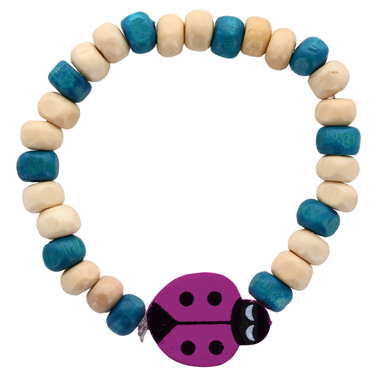 Bracelet dizainier pour enfant, grains en bois et coccinelles de différentes couleurs Ø  5 mm. LOT DE 10 ASSORTIS.