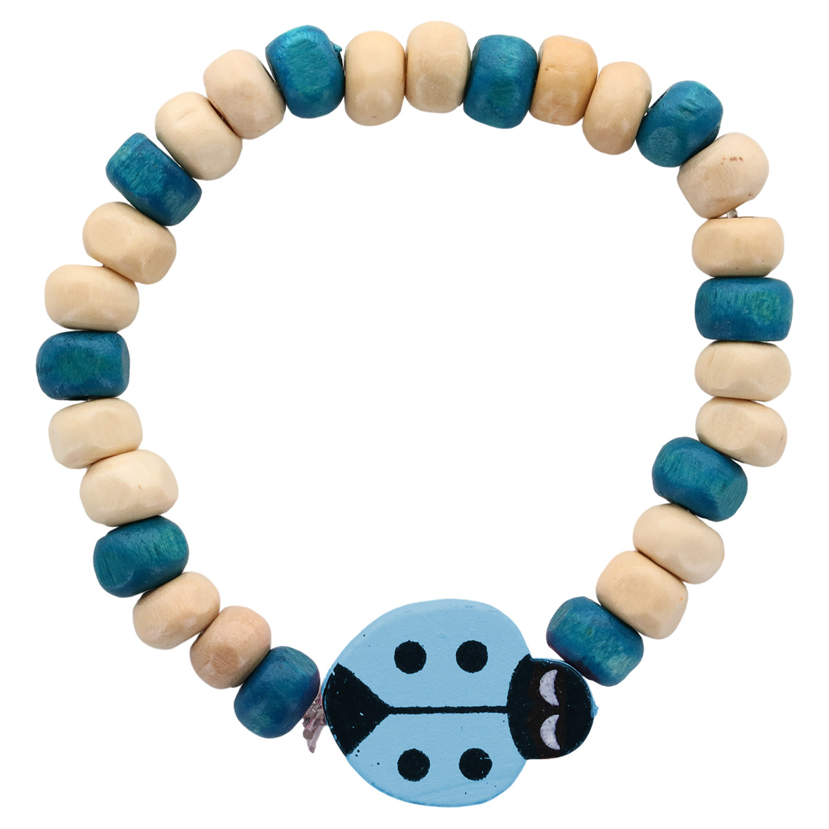 Bracelet dizainier pour enfant, grains en bois et coccinelles de différentes couleurs Ø  5 mm. LOT DE 10 ASSORTIS.