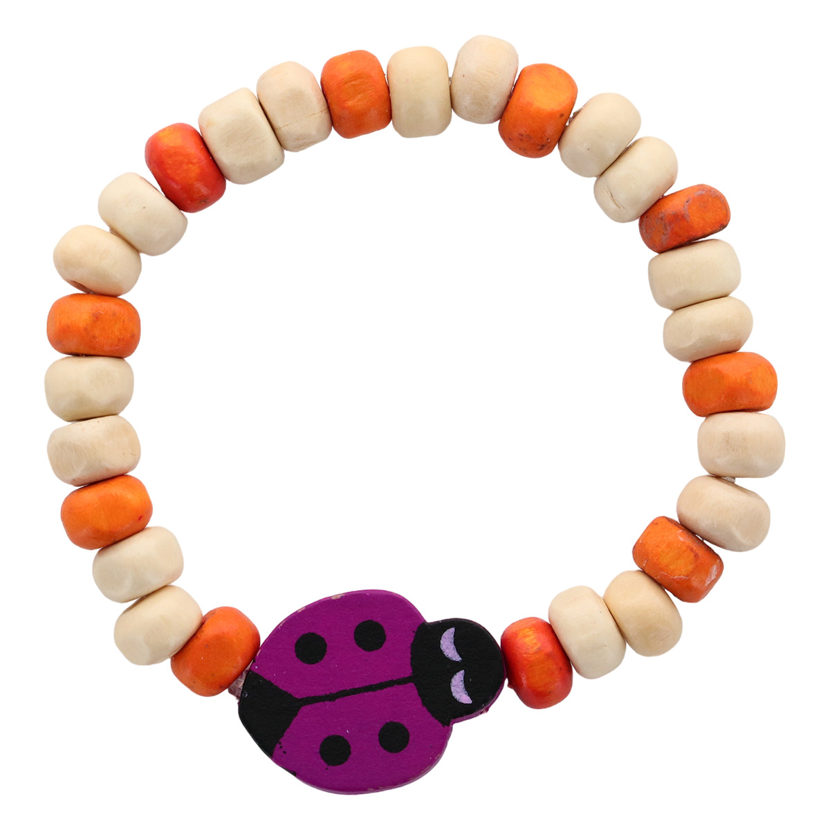 Bracelet dizainier pour enfant, grains en bois et coccinelles de différentes couleurs Ø  5 mm. LOT DE 10 ASSORTIS.