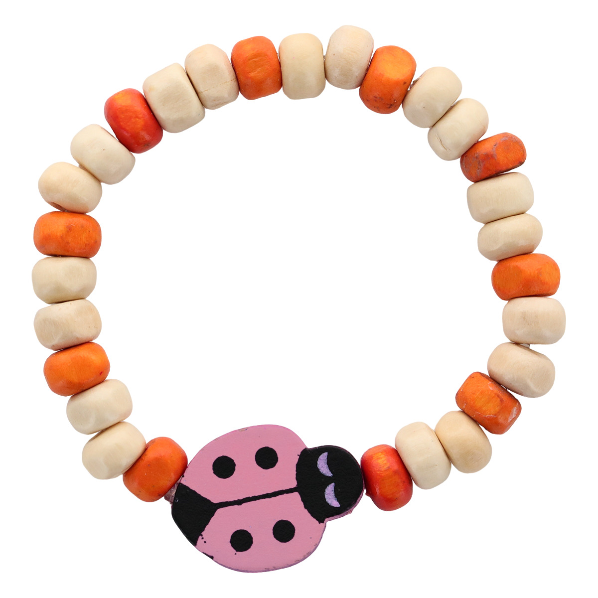 Bracelet dizainier pour enfant, grains en bois et coccinelles de différentes couleurs Ø  5 mm. LOT DE 10 ASSORTIS.