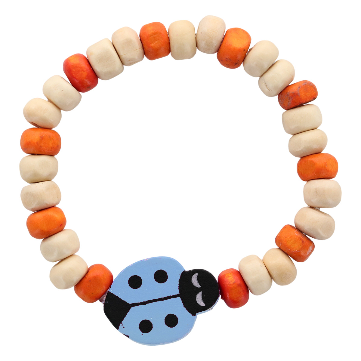 Bracelet dizainier pour enfant, grains en bois et coccinelles de différentes couleurs Ø  5 mm. LOT DE 10 ASSORTIS.