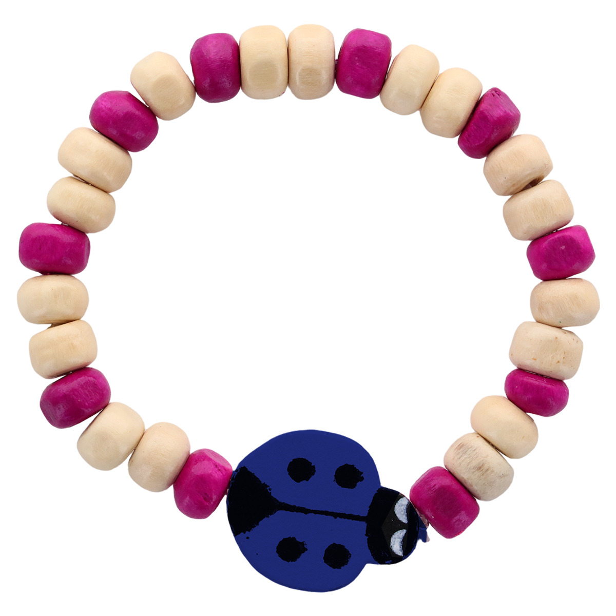 Bracelet dizainier pour enfant, grains en bois et coccinelles de différentes couleurs Ø  5 mm. LOT DE 10 ASSORTIS.