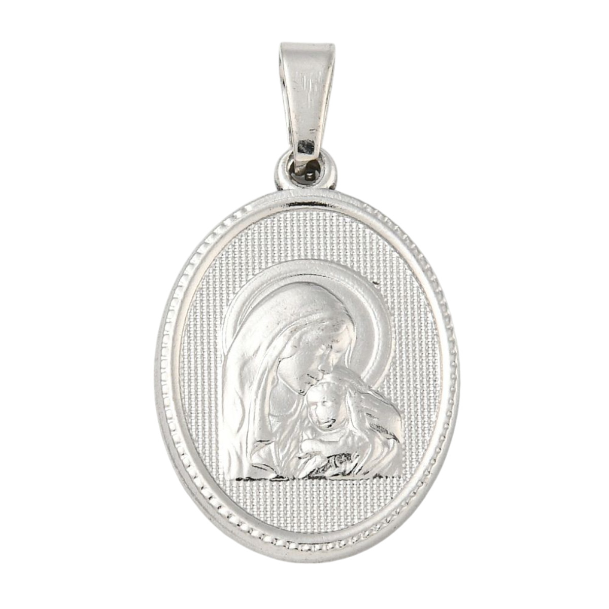 Médaille en acier inoxydable de couleur argenté H. 2.1 cm. Existe avec différents Saints.