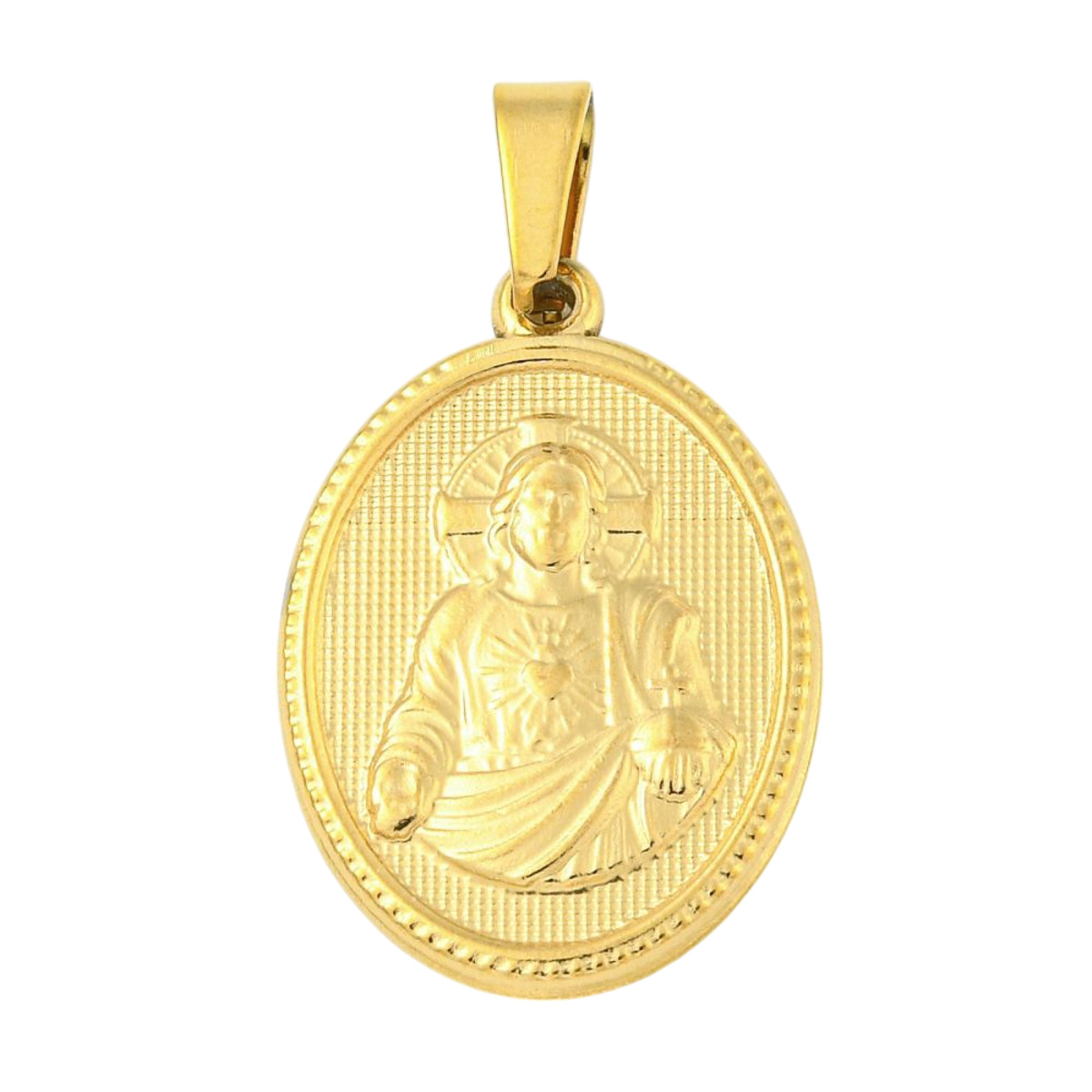 Médaille en acier inoxydable de couleur dorée H. 2.1 cm. Existe avec différents Saints. 