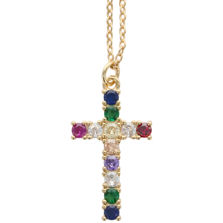 Collier avec chaine et croix avec des zircons de différentes couleurs H. 2.6 cm, en acier inoxydable. L 45 cm