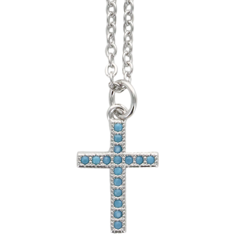 Collier avec chaine et croix avec des zircons bleu 1.6 cm en acier inoxydable de couleur argentée. L 45 cm ajustable