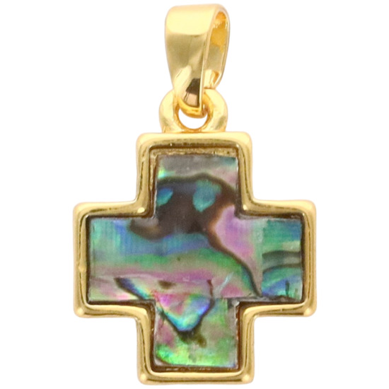 Croix de cou carrée en laiton de couleur doré et coquille d'ormeau. H. 1.3 cm. 