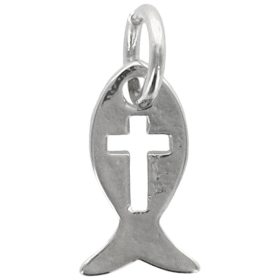 Pendentif Ichtus avec croix ajourée en laiton de couleur argenté. H. 1 cm.