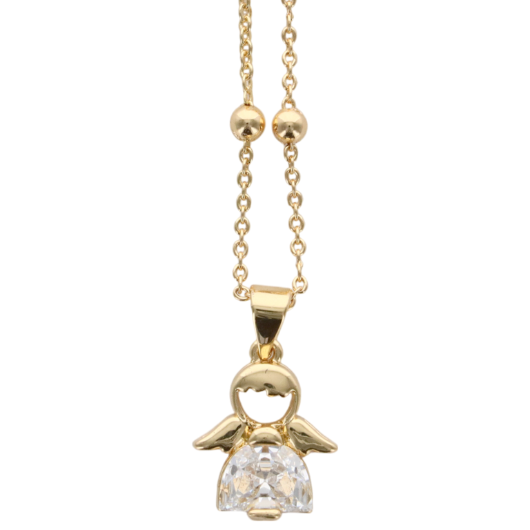 Collier avec chaine et pendentif ange avec zircon H. 1.4 cm.  Laiton dorée supérieur, L. 44 cm ajustable.