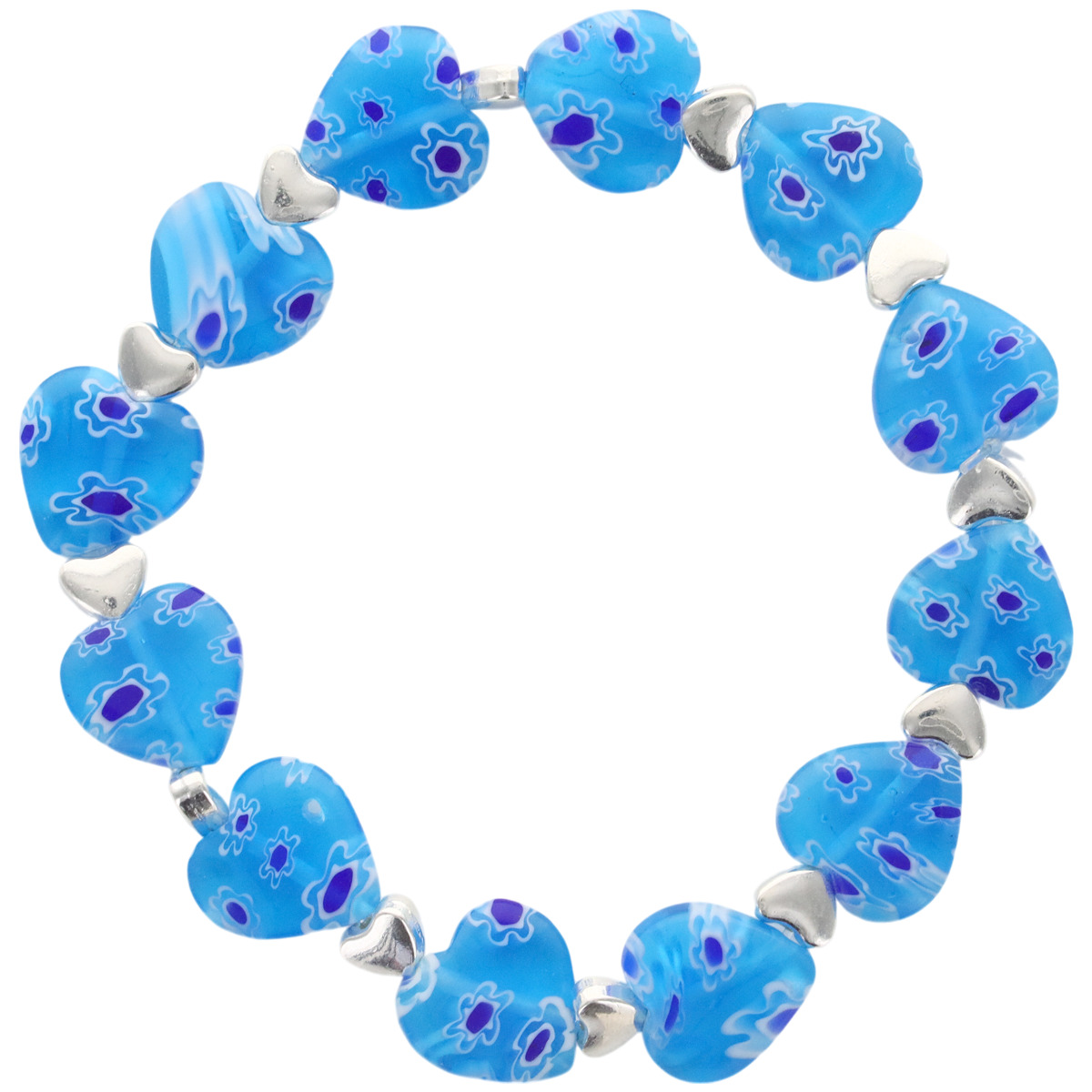 Bracelet sur élastique grains forme coeur style murano H. 1.2 cm. LOT DE 5 BRACELETS ASSORTIS.