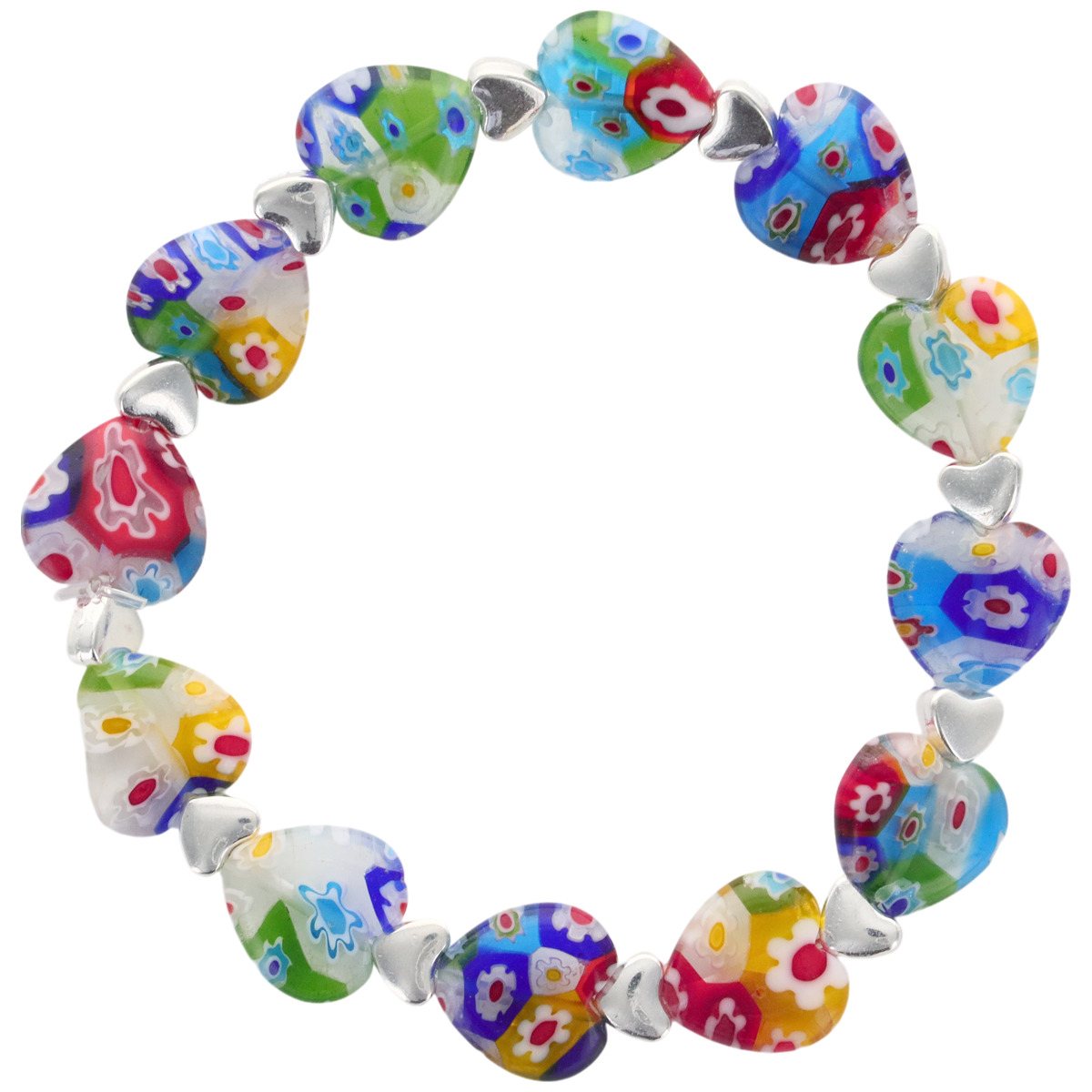 Bracelet sur élastique grains forme coeur style murano H. 1.2 cm. LOT DE 5 BRACELETS ASSORTIS.