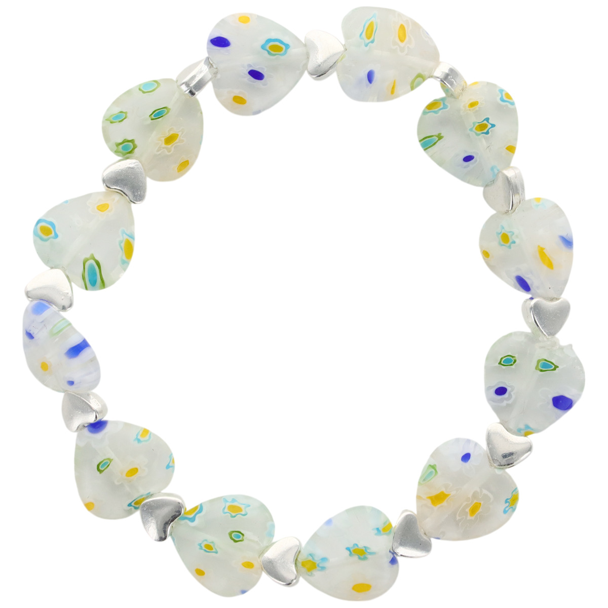 Bracelet sur élastique grains forme coeur style murano H. 1.2 cm. LOT DE 5 BRACELETS ASSORTIS.