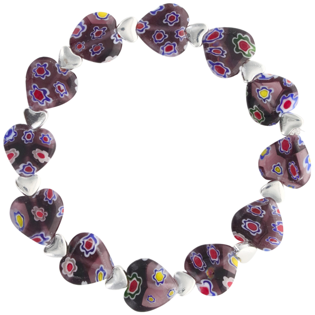 Bracelet sur élastique grains forme coeur style murano H. 1.2 cm. LOT DE 5 BRACELETS ASSORTIS.