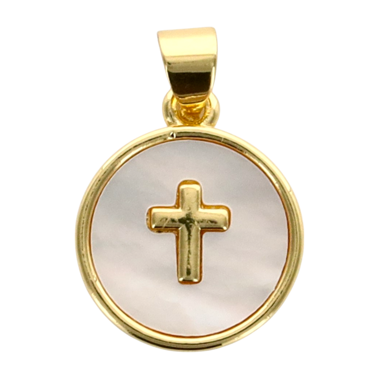 Médaille en laiton de couleur doré avec croix et coquille naturelle Ø 1.35 cm.