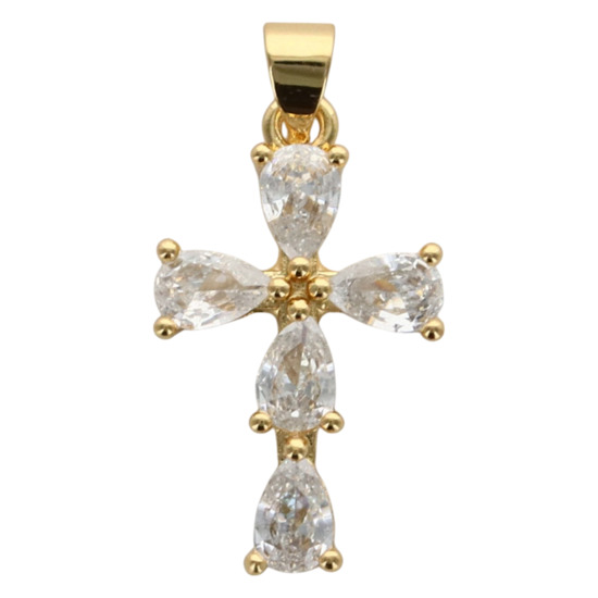 Croix de cou dorée supérieur avec zircons. H. 2.1 cm.