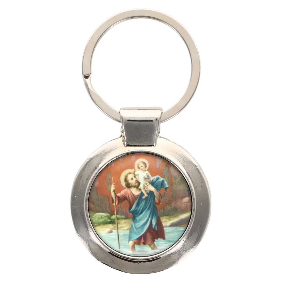 Porte-clés en métal couleur argenté de forme ronde Ø 3.8 cm. Livré en boite cadeaux. Existe avec différents Saints. 