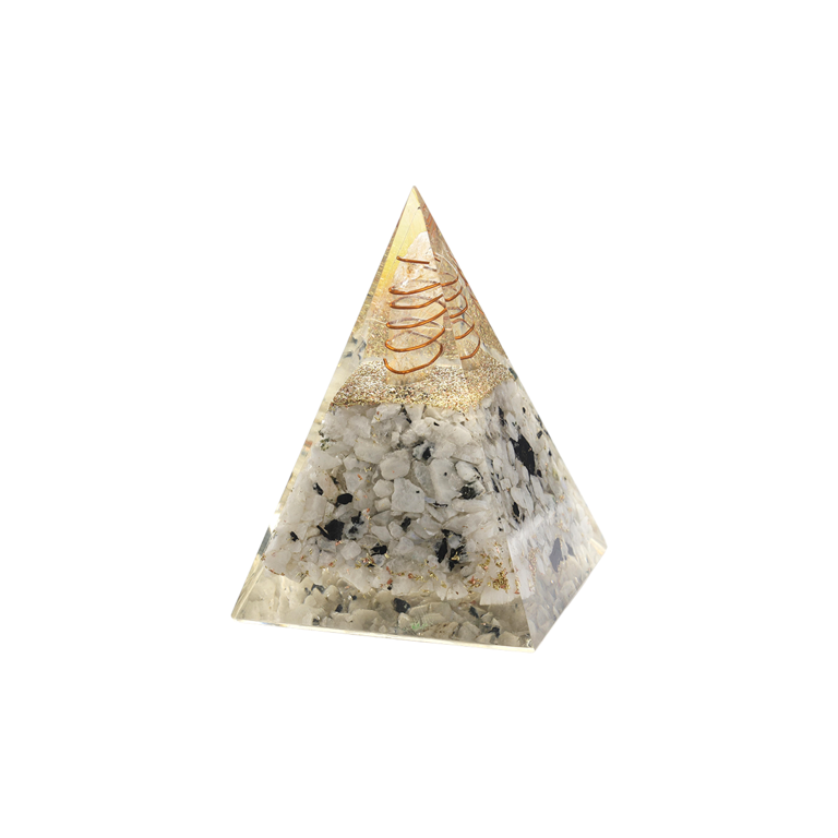 Pyramide Orgonite plusieurs pierres, L. ~5 cm.