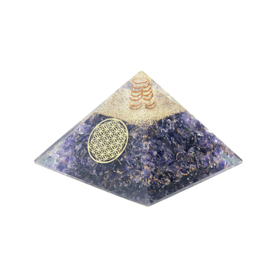 Pyramide Orgonite avec fleur de vie, L. 6 cm. Plusieurs pierres.