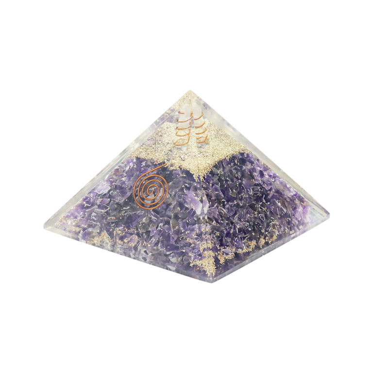 Pyramide Orgonite avec symbole Energie, L. 6 cm. Plusieurs pierres.