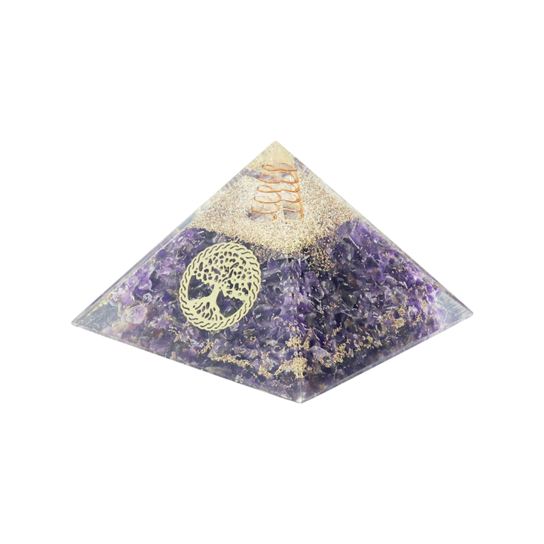 Pyramide Orgonite avec arbre de vie, L. 6 cm. Plusieurs pierres.