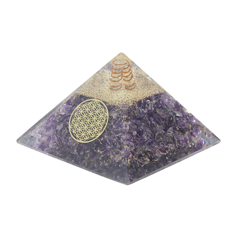 Pyramide Orgonite avec fleur de vie, L. 8 cm. Plusieurs pierres.