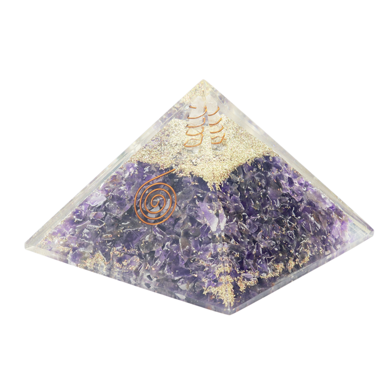 Pyramide Orgonite avec symbole Energie, L. 8 cm. Plusieurs pierres.