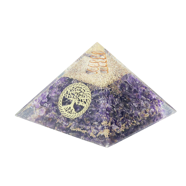 Pyramide Orgonite avec arbre de vie, L. 8 cm. Plusieurs pierres.