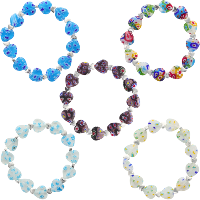 Bracelet sur élastique grains forme coeur style murano H. 1.2 cm. LOT DE 5 BRACELETS ASSORTIS.