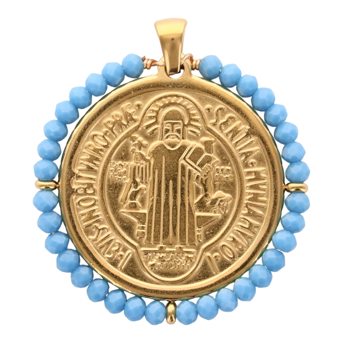 Médaille de Saint Benoit en acier inoxydable doré supérieur avec grains en verre de différentes couleurs  Ø 3 cm.