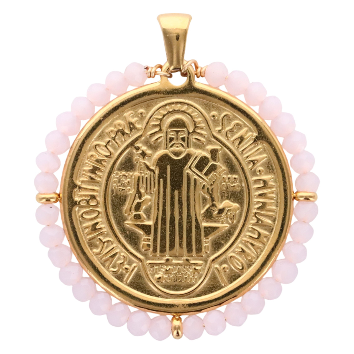 Médaille de Saint Benoit en acier inoxydable doré supérieur avec grains en verre de différentes couleurs  Ø 3 cm.