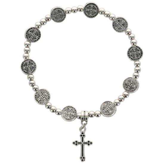 Bracelet sur élastique en métal de couleur argenté de Saint Benoit avec croix Ø 9 mm