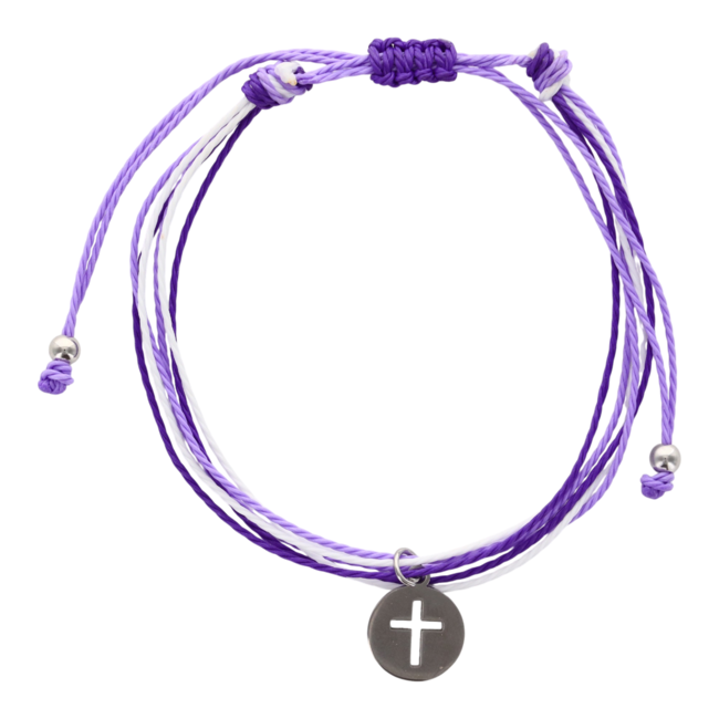 Bracelet sur corde tressée couleur violet avec médaille croix. 