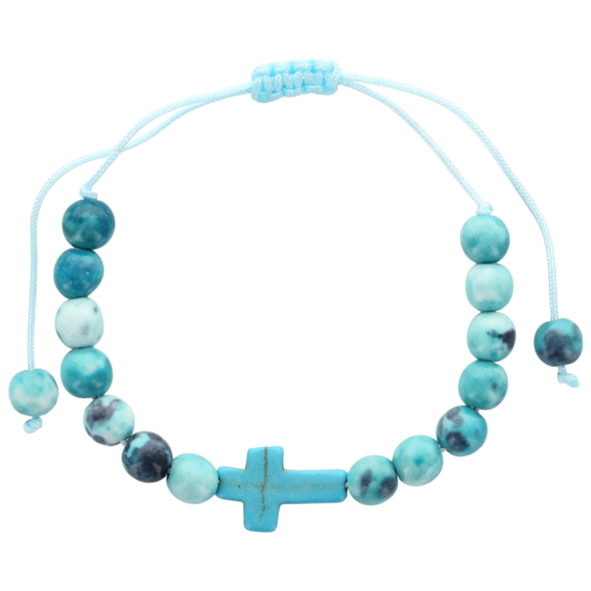 Bracelet sur corde réglable en pierre de jade blanc et turquoise synthétique avec croix. Différentes couleurs Ø 7 mm 