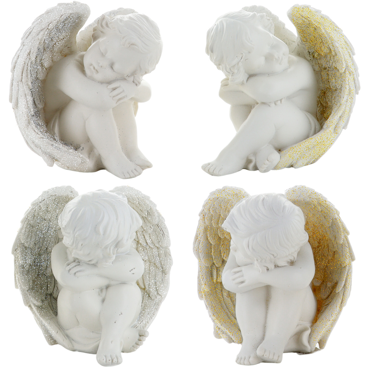 Boîte de 4 anges assis en résine couleur dorée et argentée - H. 12.5 cm. (1 lot de 4 anges assortis)