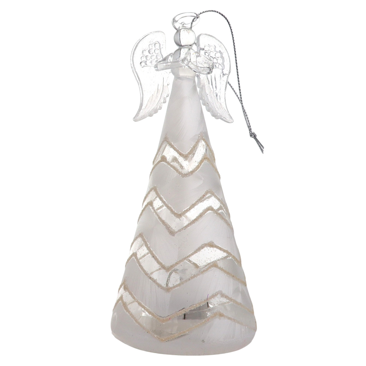 Ange en verre en prière robe lumineuse LED, opaque et transparente décorée avec des motifs géométriques H. 15 cm, livré en boîte.