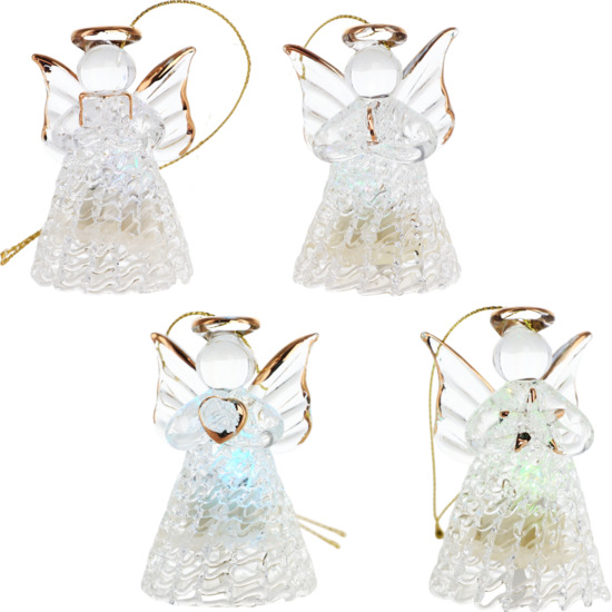 Ange en verre robe torsadée lumineux LED  H. 7 cm, série de 4 anges assortis.   