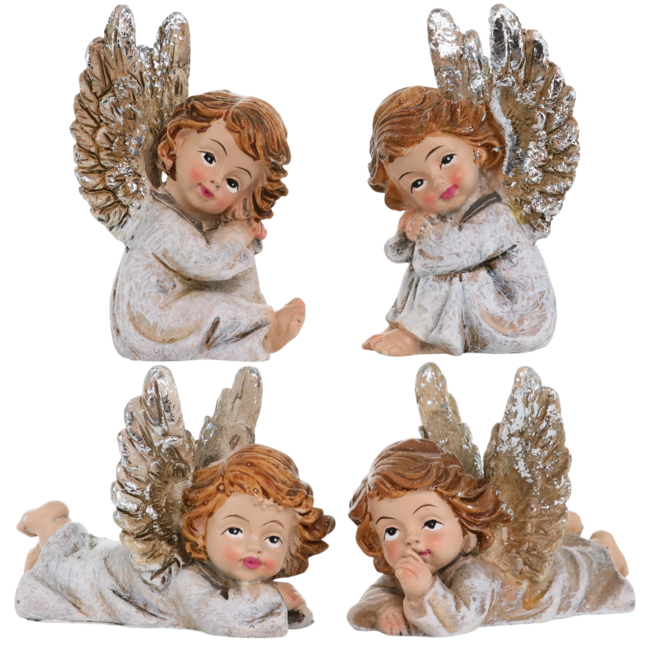 Boîte de 12 anges en résine assis et couché - H. 5.5/7.5 cm (3 lots de 4 anges assortis) 