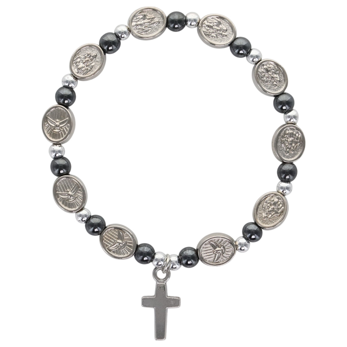 Bracelet sur élastique avec médaille de l'Esprit Saint et grains en hématite