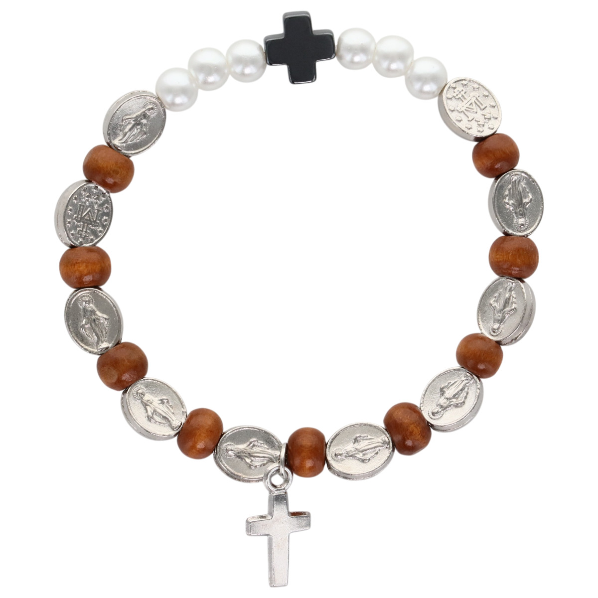 Bracelet dizainier avec médaille métal, grains bois avec une croix. Existe avec différents Saints.