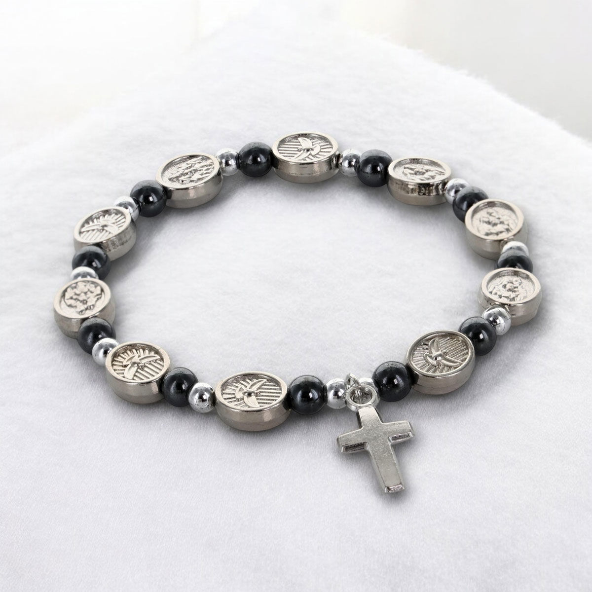 Bracelet sur élastique avec médaille de l'Esprit Saint et grains en hématite