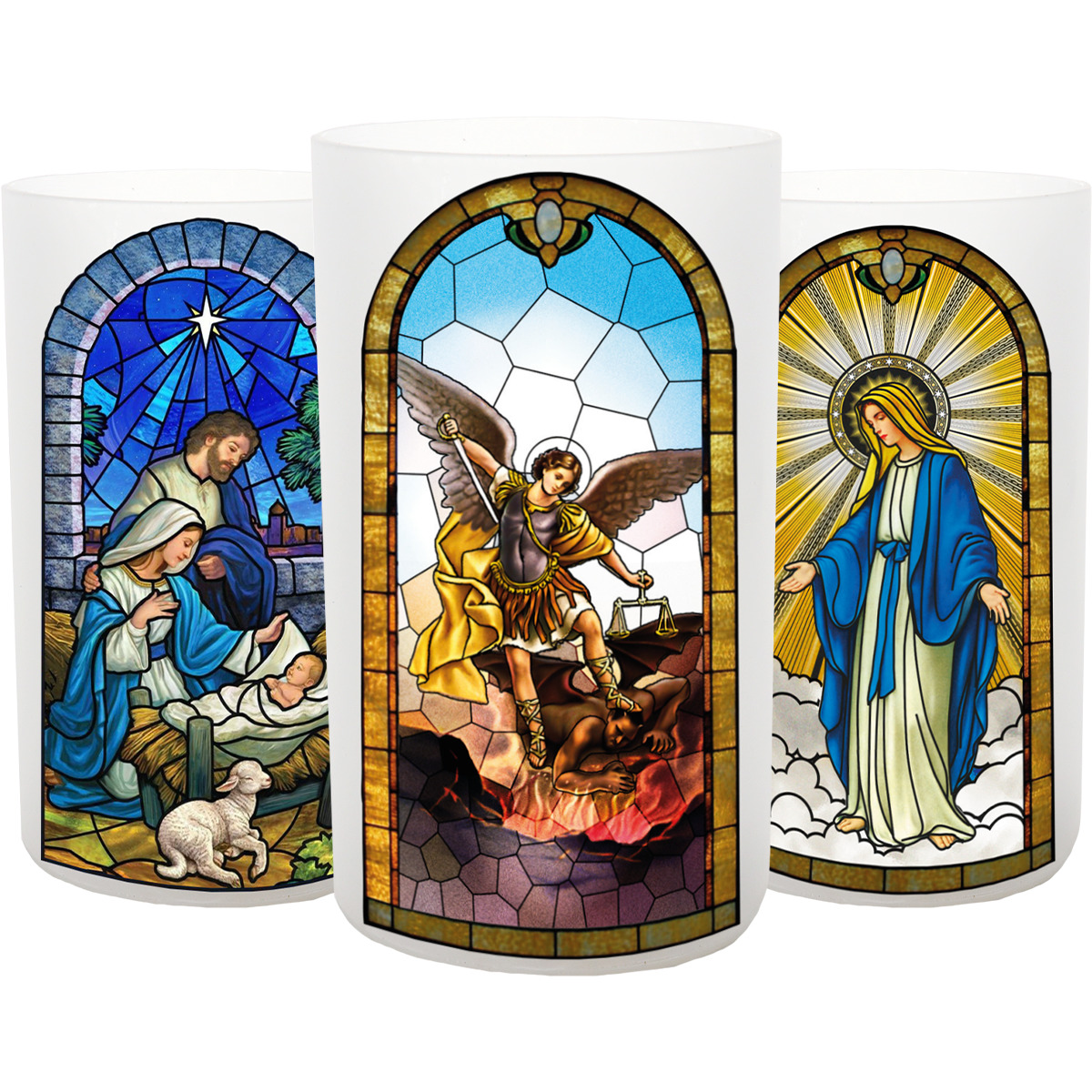 Photophore led en verre avec image des saints. diam. 7 cm H. 12 cm (fourni sans piles 3 x AAA)